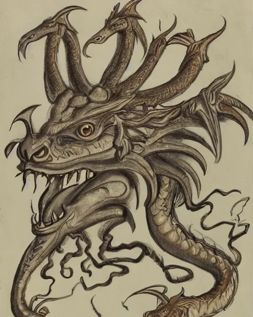 Image similar to a dragon with four heads. one human head, second eagle head, third lion head, fourth ox head. drawn by francis bacon