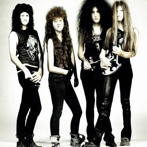 Prompt: Group of 19-year-old women holding electric guitars, long shaggy hair, permed hair, thrash metal, heavy metal, band promo photo, 1987 photograph