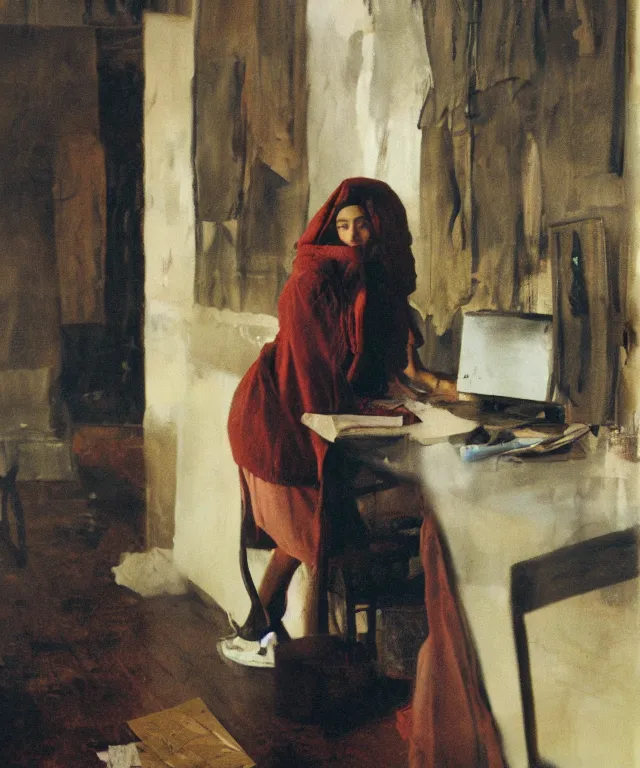 Image similar to a color photograph of persian young woman in her workplace, by nan goldin, out of place, intense, bold, exaggerated, over proportion, painted over by andrew wyeth, hyperrealistic, ultra sharp, extra details, ultra high quality,
