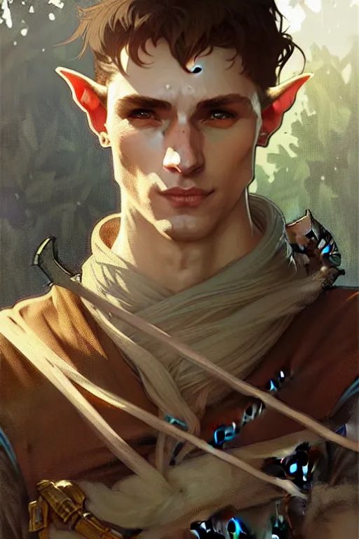 Image similar to portrait of a beautiful fit young elf male ranger, with fluent cloths, leather armor, by greg rutkowski and alphonse mucha, d & d character, gradient brown to white, autumn background, highly detailed portrait, digital painting, artstation, concept art, smooth, sharp focus illustration, artstation hq