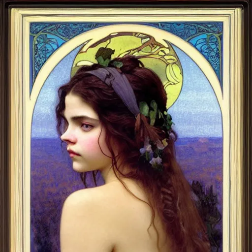 Image similar to detailed portrait art nouveau painting of the goddess of the moon, backlit, who resembles Anya Taylor Joy, Chloe Grace Moretz, and Emma Watson with anxious, piercing eyes, by Alphonse Mucha, Michael Whelan, William Adolphe Bouguereau, John Williams Waterhouse, and Donato Giancola