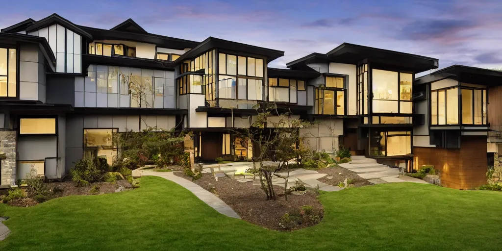 Prompt: large modern residence, washington state japanese style, flared japanese black tile roof, many large windows with light, elegant