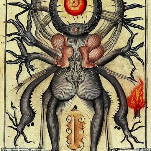 Image similar to furry freaky creature sings a unique canto about'as above so below'being ignited by the spirit of haeckel and robert fludd, breakthrough is iminent, glory be to the magic within, style of grotesques from medieval illuminated manuscripts