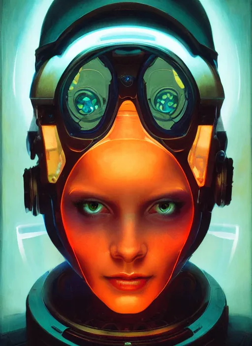 Prompt: ( symmetry ) closeup portrait of a cyborg female scientist, visor, cinematic light, backlight glow, teal orange, mist, by gerald brom, by mikhail vrubel, by peter elson, muted colors, extreme detail, trending on artstation, 8 k