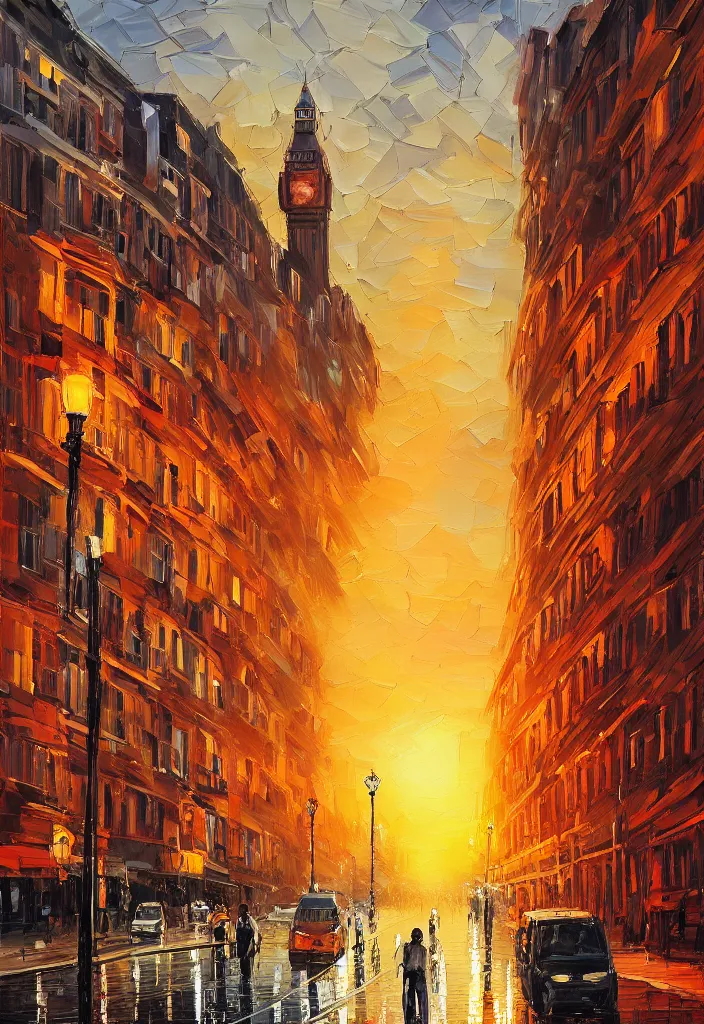 Prompt: The London Streets at Golden Hour, by Aenami Alena, Afshar Petros and Afremov Leonid