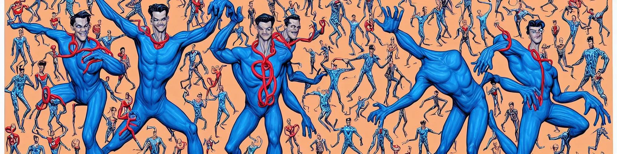 Image similar to mr. fantastic and plastic man showing off their weird limbs illustrated by james jean with very long hands and arms and fingers and legs and feet twirling and twisting around