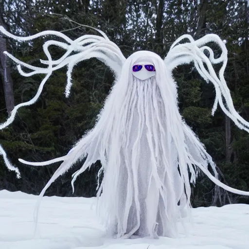 Prompt: an ethereal fantasy fluffy ghost like spooky live action muppet wraith like figure with a squid like parasite latched as its head and four long tentacles for arms that flow gracefully at its sides like a cloak while it floats around a frozen rocky tundra in the snow searching for lost souls and that hides amongst the shadows in the trees, this character has hydrokinesis and electrokinesis is a real muppet by sesame street, photo realistic, real, realistic, felt, stopmotion, photography, sesame street