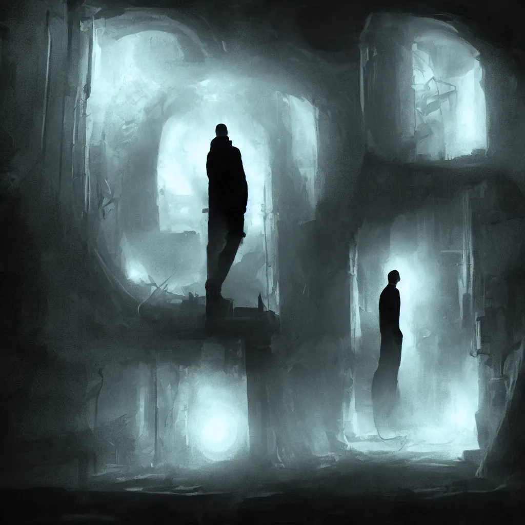Image similar to a silhouette of a man standing before a glowing doorway portal in the middle of a dark laboratory, movie poster, cinematic lighting, sci - fi concept art, movie concept art, cinematic framing, blockbuster movie poster