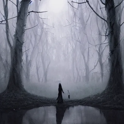 Image similar to a beautiful witch looks at her reflection, spiders and spiderwebs everywhere, elegant design, haunting atmosphere, dark lighting, gothic, horror style, scary, swirling fog, volumetric lighting, by greg rutkowski, dutch angle,