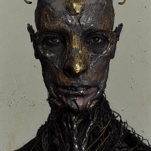 Image similar to A boney thin humanoid with teared viscose clothes wearing a carved mineral mask with tiny mineral and gold incrustations. By tom purvis, emil melmoth, zdzislaw belsinki, Craig Mullins, yoji shinkawa, white gold color scheme, featured on artstation, beautifully lit, Peter mohrbacher, zaha hadid, hyper detailed, insane details, intricate, elite, ornate, elegant, luxury, dramatic lighting, CGsociety, hypermaximalist, golden ratio, environmental key art, octane render, weta digital, micro details, 3d sculpture, structure, ray trace 4k