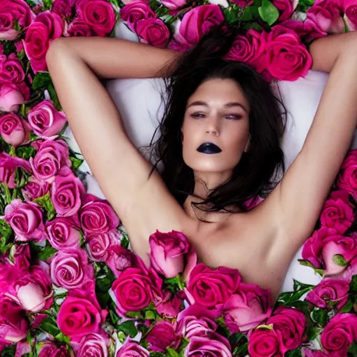 Prompt: a fashion photo of a beautiful model, a bed of roses, by ted gibson, jen atkin, tom eerebout, elizabeth saltzman, peter lindbergh, tim walker, symmetry, full face, studio lighting, dlsr,