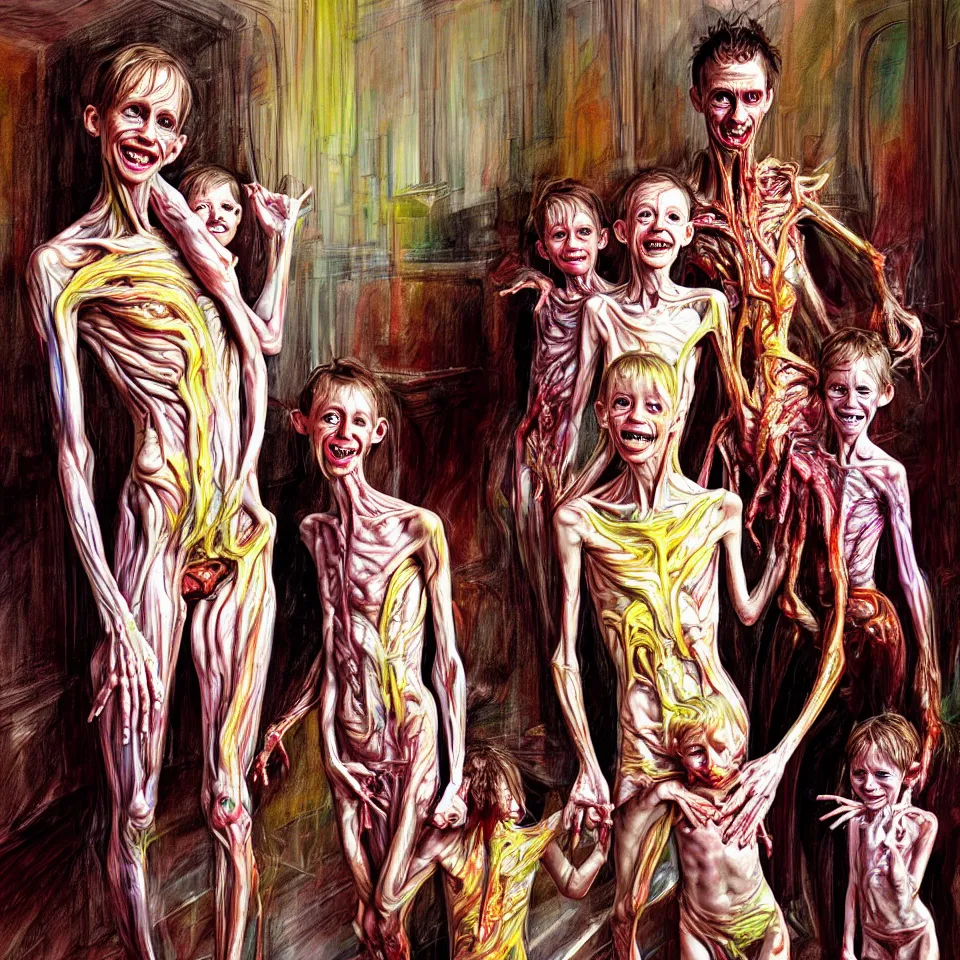 Prompt: bright realistic anorexic family turning into a god and smiling franticly, old apartment, rotten flesh, diffuse lighting, fantasy, intricate, elegant, highly detailed, lifelike, photorealistic, digital painting, artstation, illustration, concept art, smooth, sharp focus, art by francis bacon and jenny saville