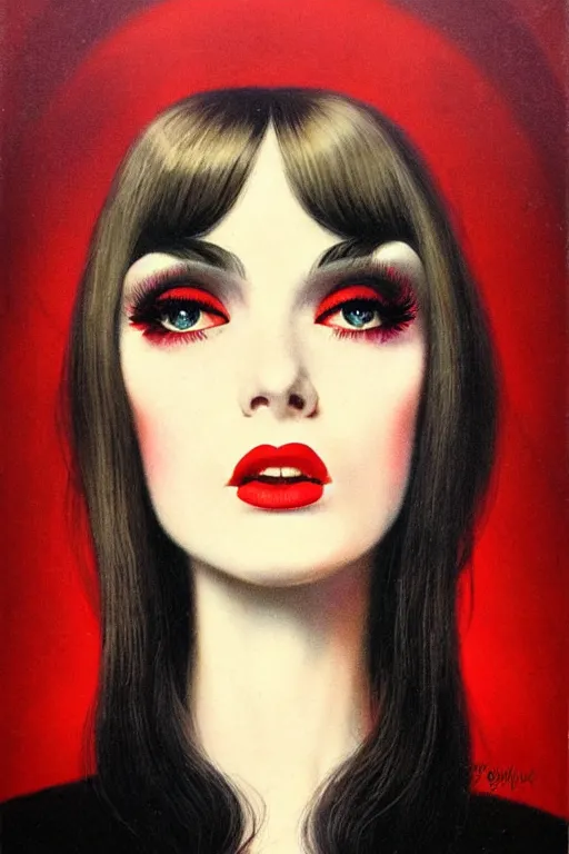 Image similar to portrait 1 9 6 0 s beautiful mod girl, long straight 6 0 s hair with bangs, wearing velvet, vampire, glam, groovy, by brom, tom bagshaw