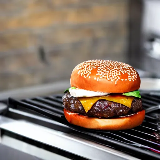 Prompt: A burning burger on the stove