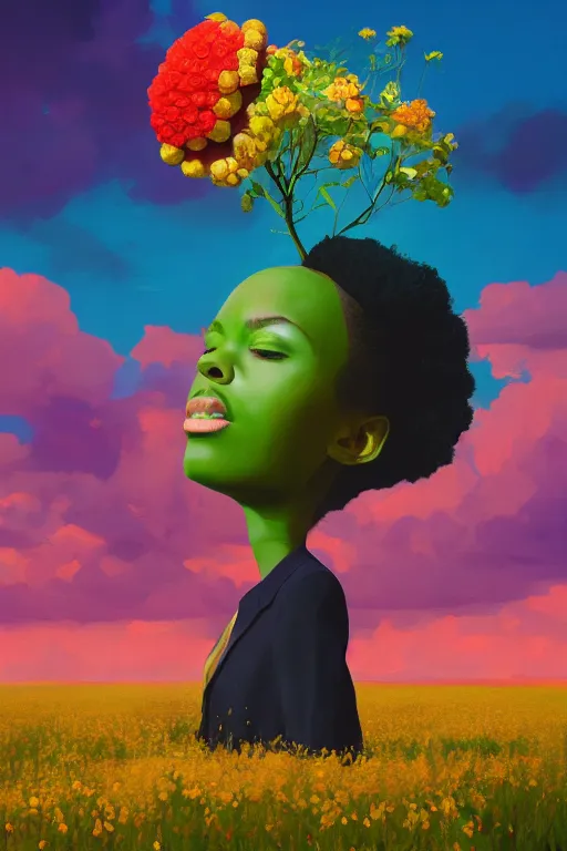 Image similar to portrait, giant flower as head, black woman in suit, surreal photography, golden hour, colorful clouds, impressionist painting, digital painting, artstation, simon stalenhag