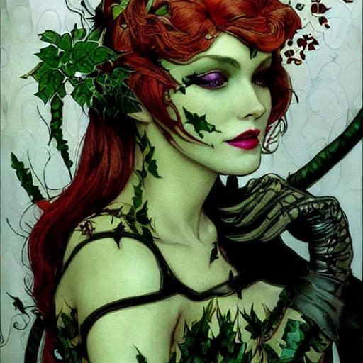 Prompt: a beautiful painting of poison ivy dressed as catwoman and catwoman dressed as poison ivy, intricate, elegant, highly detailed, digital painting, artstation, concept art, matte, sharp focus, illustration, art byby rebecca guay and by arthur rackham and by alphonse mucha and by john william waterhouse, comic book style!!