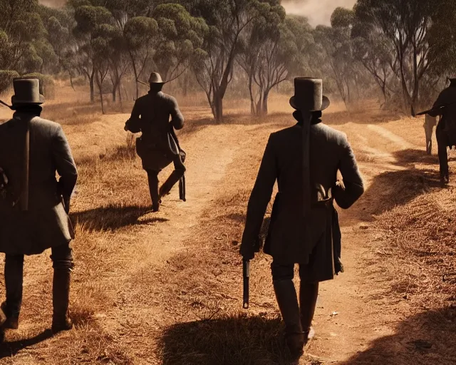 Image similar to ned kelly leading the kelly gang through australian native bushland shootout, epic action pose, global illumination, intricate detail, octane render, concept art, award winning hyperrealism photorealism cinematic still