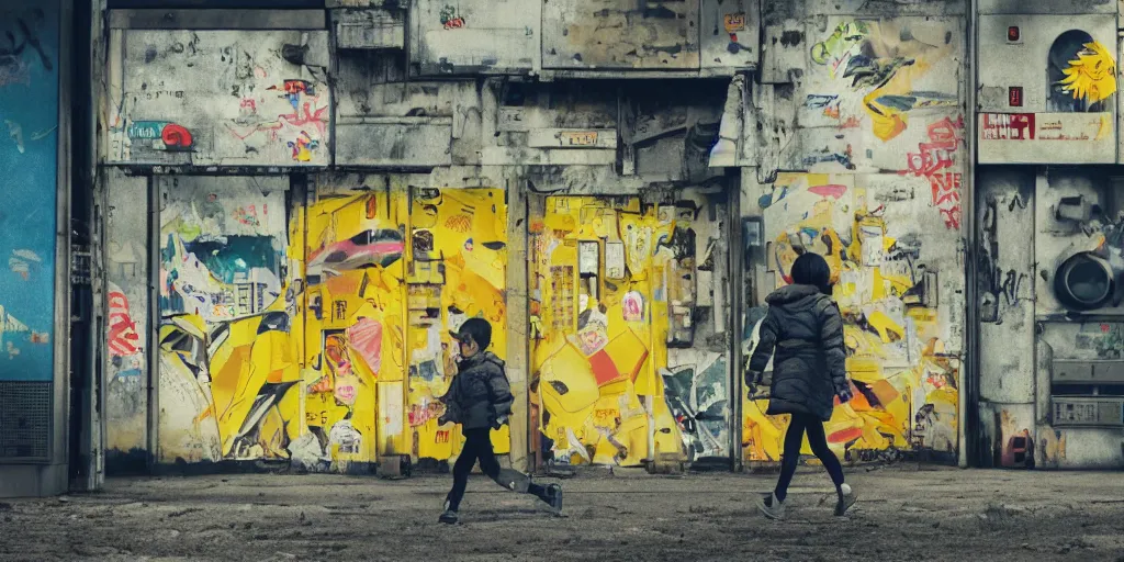 Image similar to backlit distant shot of girl in a parka running from a giant robot invasion side view, yellow parasol in deserted dusty shinjuku junk town, incredible wide screenshot, ultrawide, simple watercolor, rough paper texture, ghost in the shell movie scene, broken vending machines, bold graphic graffiti, old pawn shop, bright sun bleached ground, mud, fog, dust, windy, scary robot monster lurks in the background, ghost mask, teeth, animatronic, black smoke, pale beige sky, junk tv, texture, brown mud, dust, tangled overhead wires, telephone pole, dusty, dry, pencil marks, genius party, shinjuku, koji morimoto, katsuya terada, masamune shirow, tatsuyuki tanaka hd, 4k, remaster, dynamic camera angle, deep 3 point perspective, fish eye, dynamic scene