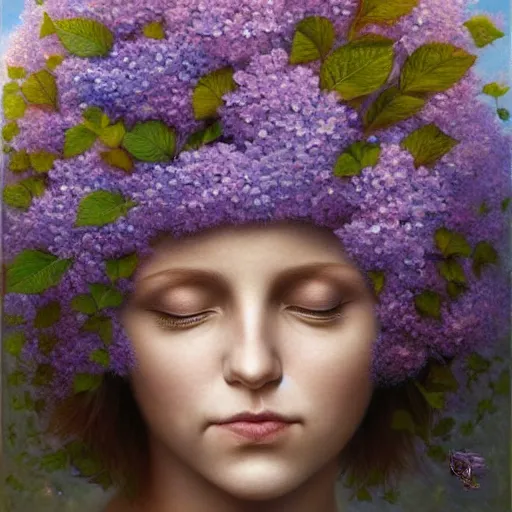 Image similar to portrait of a lilac hair goddess of light through hydrangeas flowers, soft rose and dried petals, painterly, highly detailed, 8 k, by tomasz alen kopera, h 6 6 0