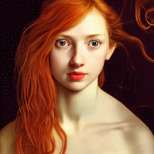 Prompt: portrait of a young woman, among the lights of golden fireflies and nature, long loose red hair, intricate details, green eyes, hint of freckles, round gentle face, happy, deep focus, smooth, sharp, golden ratio, hyper realistic digital art by artemisia lomi gentileschi and caravaggio and artgerm