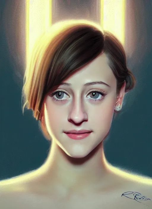 Image similar to portrait of teenage lili reinhart with bangs, smiling kindly, bangs, 1 9 6 0 s, ponytail, bangs and ponytail, intricate, elegant, glowing lights, highly detailed, digital painting, artstation, concept art, smooth, sharp focus, illustration, art by wlop, mars ravelo and greg rutkowski