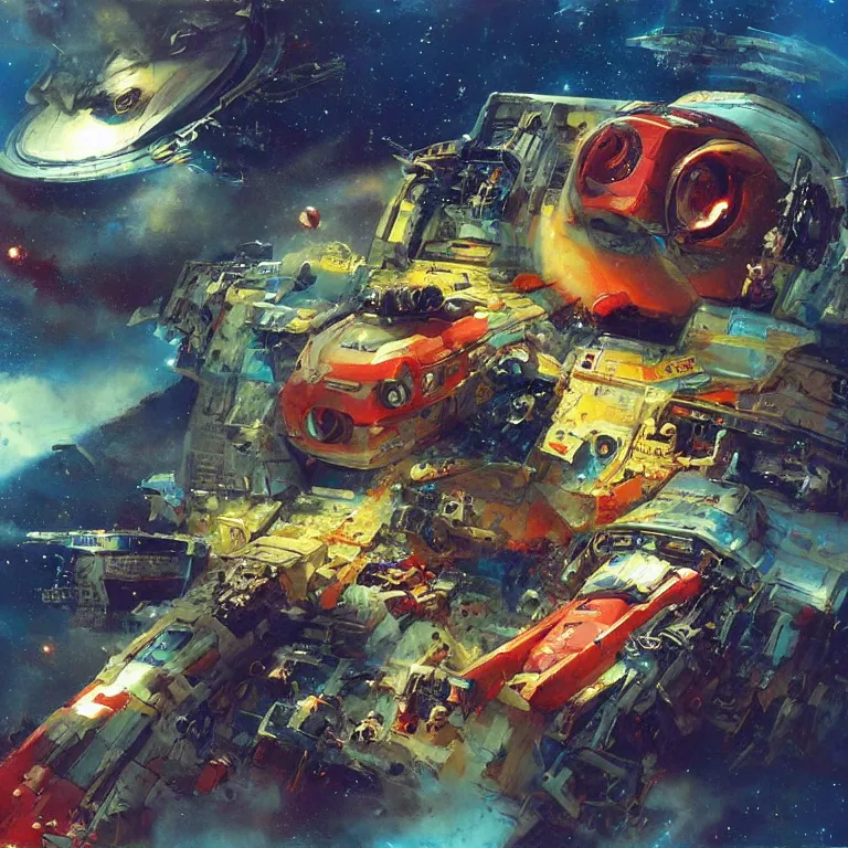 Image similar to “spaceship that looks like the Kool-Aid man busting out of warp speed, sci-fi concept art, by John Berkey, detailed painting, award winner”