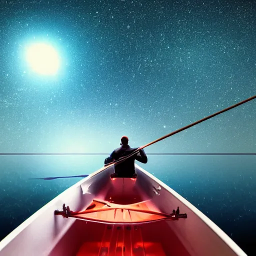 Image similar to A man rowing a boat through space, there are stars all around, photorealistic.