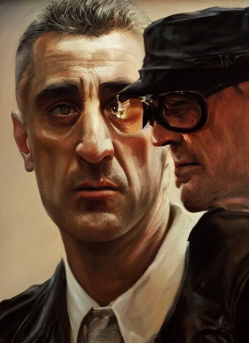 Prompt: realistic portrait of travis bickle ( robert deniro ), trending on artstation, low angle oil painting and composition laws, cinematic lighting, hyperdetailed, cgsociety, 8 k, martin scorsese cinematography, taxi driver