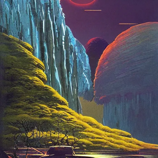 Image similar to beautiful illustration of a lush natural scene on an alien planet by vincent di fate. science fiction. extremely detailed. beautiful landscape. weird vegetation. cliffs and water.