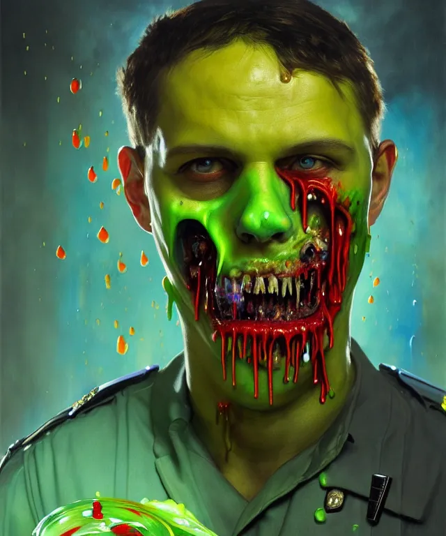 Image similar to painting of a slimy zombie cop dripping with slime and colorful goop by edgar maxence and rhads and leyendecker. los angeles police force, realistic police costume, award - winning digital art on pixiv, trending on artstation, cinematic lighting, dramatic lighting, stunning and beautiful scenery - highly detailed, hyperrealistic, unreal engine 5