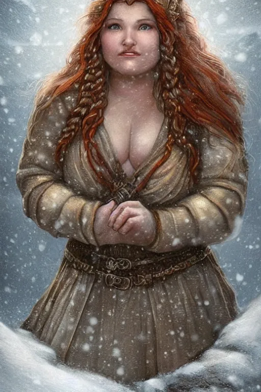 Prompt: A beautiful hearty plump dwarven woman at her home looking through the window in a snow day, highly detailed face, complex redhead braided hair, large nose, realistic, beautiful, fantasy art, dungeons and dragons, lord of the rings, in the style of Thomas Kinkade and Wojciech Siudmak, illustration, very cozy, fantasy, intricate, hyper detailed, artstation, concept art, smooth, sharp focus, ray tracing, vibrant, golden hour