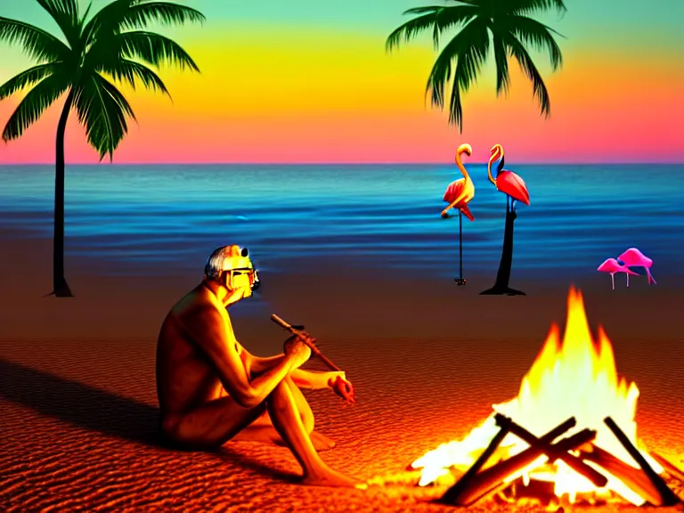 Image similar to gandhi sitting on a beach next to a campfire, holding a cigar, sunset, parrots, flamingos, coconuts, palm trees, highly detailed, digital art, hyper realistic, beautiful, 8 k, trending on deviantart, hyper detailed, glorious lighting, epic environment,