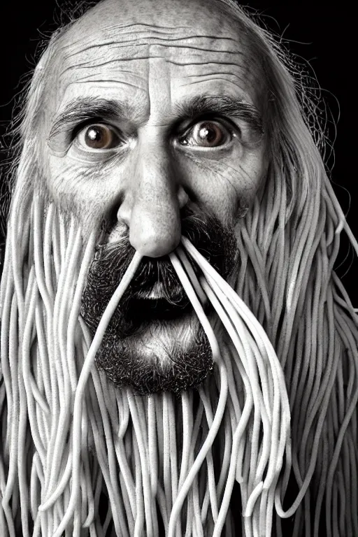 Image similar to extremely detailed portrait of old italian cook, spaghetti mustache, slurping spaghetti, spaghetti in the nostrils, spaghetti hair, spaghetti beard, huge surprised eyes, shocked expression, scarf made from spaghetti, full frame, award winning photo by jimmy eolo perfido