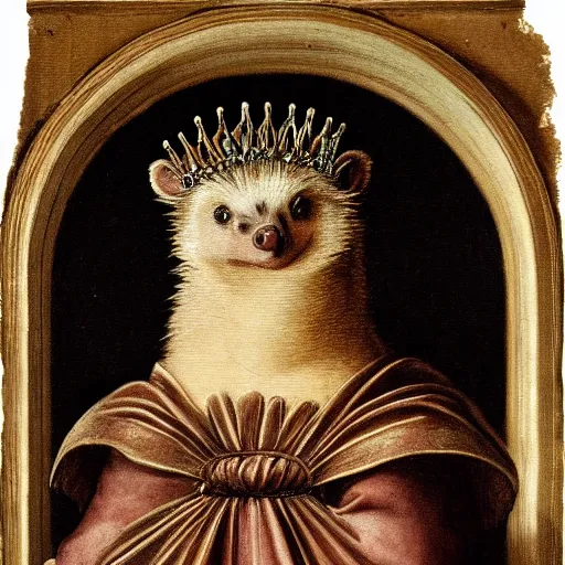 Image similar to a renaissance style portrait of a hedgehog wearing a crown and a cape, dark background