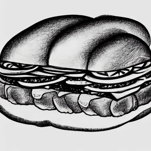 Prompt: line drawing of a pig in between two buns as a sandwich, outside art