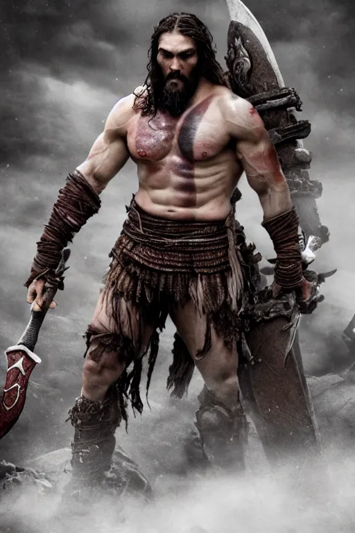 Image similar to film still from god of war, a highly detailed beautiful closeup photo of jason momoa kratos with long windblown wet hair holding a sword and fighting zombies on a pile of human skulls, spartan warrior, olympian god, muscular!,, action pose, ambient lighting, volumetric lighting, octane, fantasy