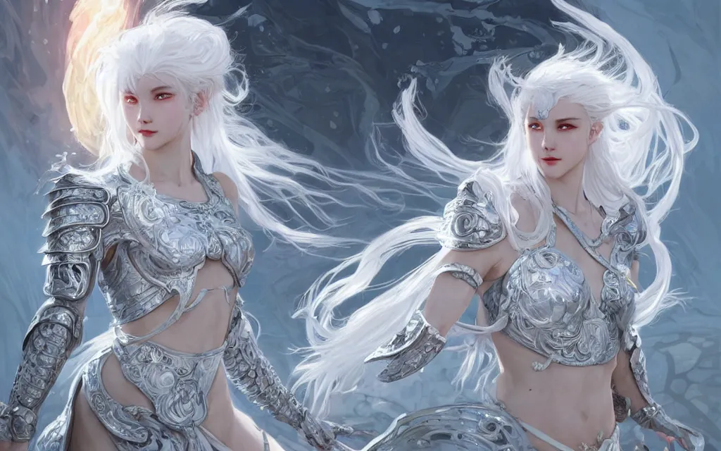 Image similar to white hair knights of zodiac girl, sliver ice color reflected armor, kung fu fighting in ruined agora of athens sunrise, ssci - fi and fantasy, intricate and very very beautiful and elegant, highly detailed, digital painting, artstation, concept art, smooth and sharp focus, illustration, art by tian zi and wlop and alphonse mucha