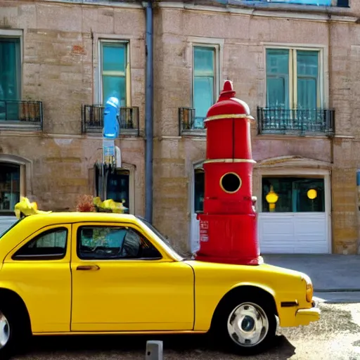 Image similar to a picture of a yellow-car parked next to a red-hydrant with a woman in a yellow-dress sitting on the hood, BEUTIFUL!, surreal, in style of Edward Hopper