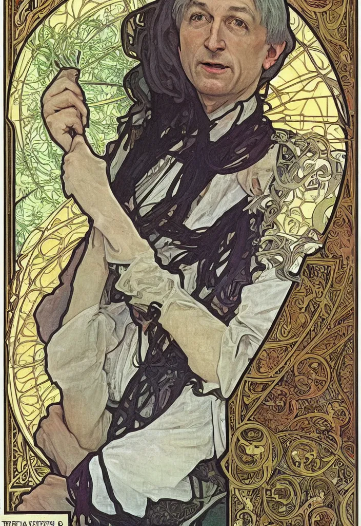 Image similar to realistic white - haired geoffrey hinton on a tarot card, tarot in art style by alphonse mucha