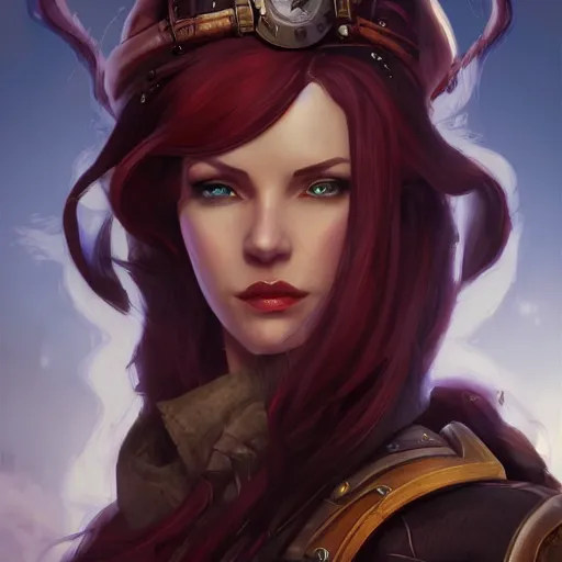 Prompt: Portrait of a female steampunk detective with long flowing red hair in World of Warcraft, cover art, ultra wide lens shot, pretty, beautiful, DnD character art portrait, matte fantasy painting, DeviantArt Artstation, by Jason Felix by Steve Argyle by Tyler Jacobson by Peter Mohrbacher, cinematic lighting, unreal engine, octane render, realistic lighting