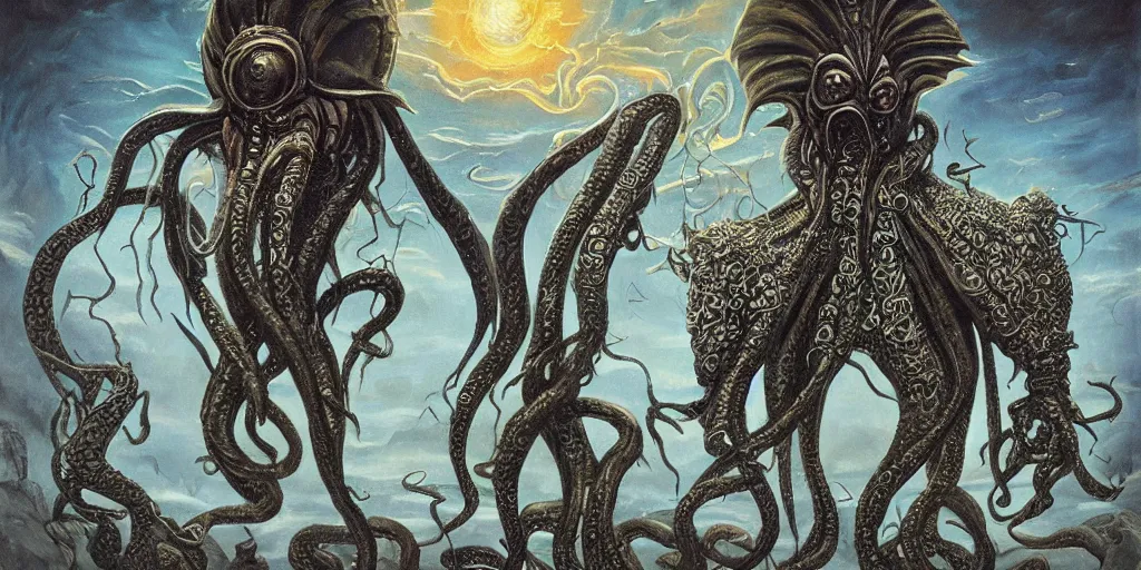 Image similar to A very detailed surreal fantasy horror painting of Cthulhu Vader by Manjit Bawa and Salvador Dali, trending on artstation, hyper detailed