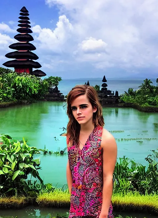 Prompt: emma watson wearing batik bali in bali. temple, lake, rice field, ocean. front view. instagram closeup holiday photo shoot, perfect faces, beautiful, award winning photography