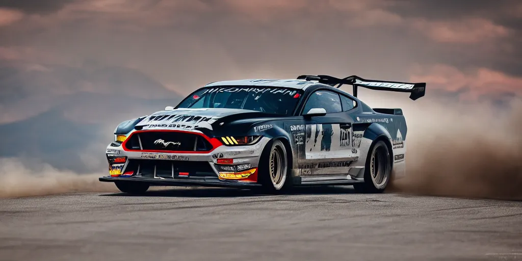 Image similar to A wide angle photograph of the hoonicorn mustang drifting Pikes Peak by Larry Chen , Canon, hoonigan, cinematic lighting, by Larry Chen, pikes peak, f18, f22, 4k