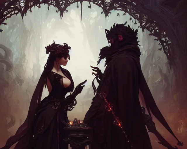 Prompt: photography of two people in gothic party, deep focus,, fantasy, intricate, elegant, highly detailed, digital painting, artstation, concept art, matte, sharp focus, illustration, hearthstone, art by artgerm and greg rutkowski and alphonse mucha