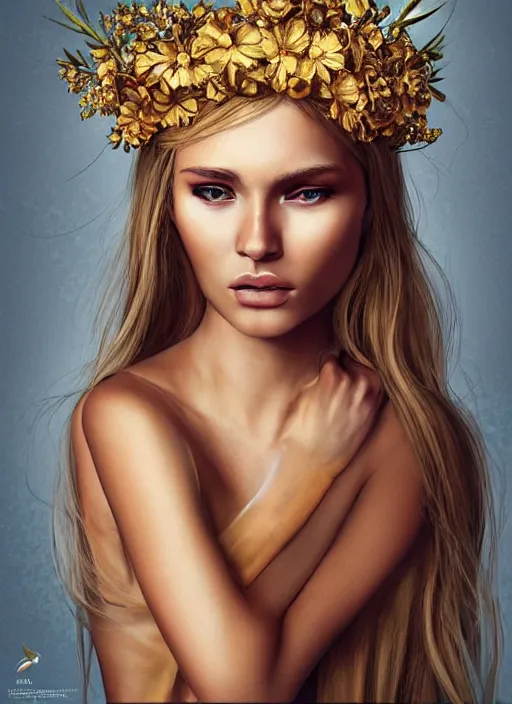 Prompt: a tanned girl with golden hair wears floral crown, stoic attitude, zenithal lighting, ultra detailed, highly detailed, sharp focus, golden background with flowers, photorealism, art by Hirothropologie , artgerm, Patrick DeMarchelier