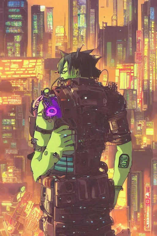 Image similar to beautiful cyberpunk anime style illustration of Shrek Shrek Shrek (!!!!) seen in a tech labor with her back open showing a complex mess of cables and wires, by masamune shirow and katsushiro otomo, studio ghibli color scheme