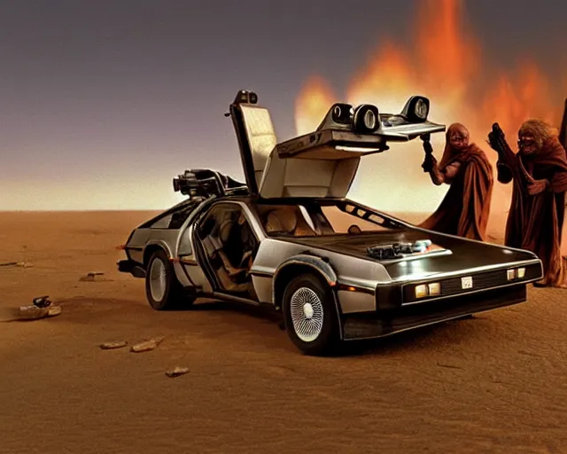 Prompt: doc brown and the delorean encounter the jawas on tatooine