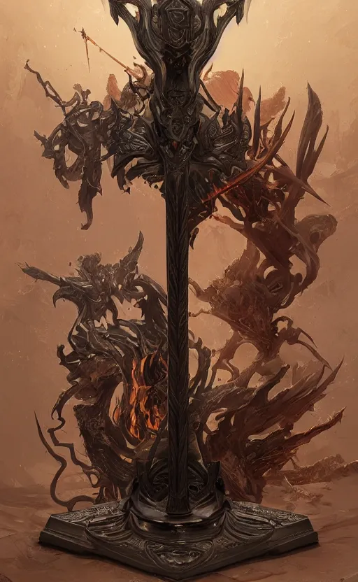 Prompt: dagger with symmetrical dagger features is legendary artifact posed on wooden stand, flames and smoke, front game card, drark, marvel comics, dark, intricate, highly detailed, smooth, artstation, digital illustration by ruan jia and mandy jurgens and artgerm and wayne barlowe and greg rutkowski and zdislav beksinski