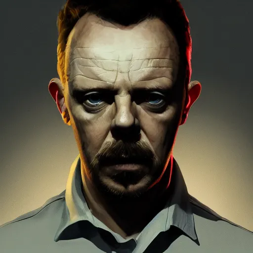 Image similar to simon pegg portrait, horror core, apocalyptic, pool cue, sharp focus, fiction, hyper detailed, digital art, trending in artstation, cinematic lighting, studio quality, smooth render, unreal engine 5 rendered, octane rendered, art style and nixeu and wlop and krenz cushart