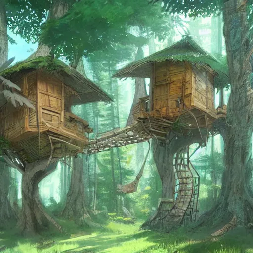 Prompt: concept art painting of treehouses made out of trees, walkways between trees, trees with doors and windows in a deep forest, realistic, detailed, cel shaded, in the style of makoto shinkai and greg rutkowski and james gurney